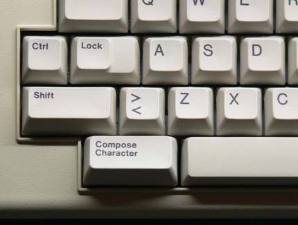 The compose key on a DEC LK201 keyboard is the leftmost key on the bottom row. <br/> (Public domain image from Wikimedia Commons)