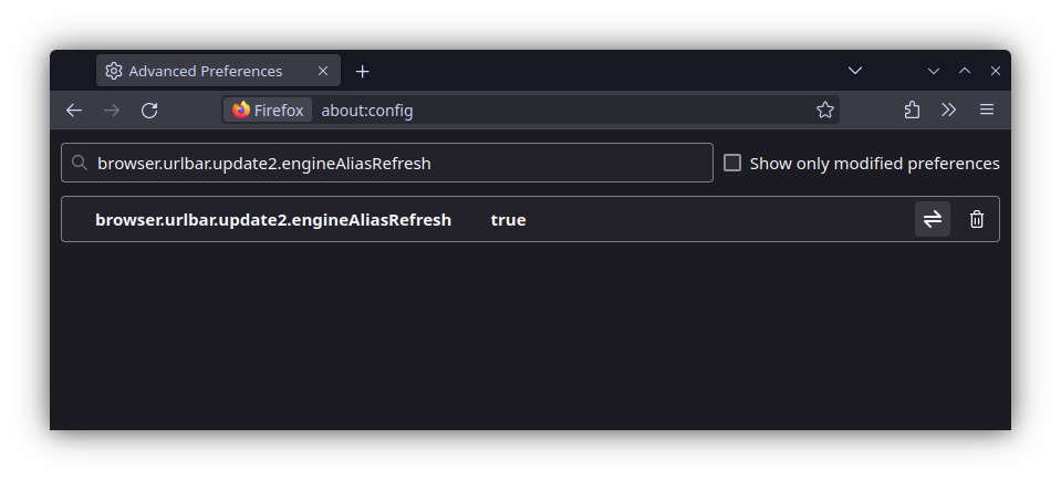 A screenshot of a Firefox window, showing the browser.urlbar.update2.engineAliasRefresh option in about:config