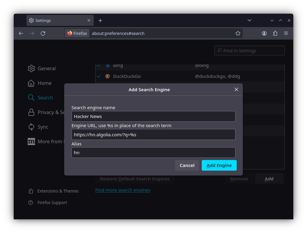 A screenshot of a Firefox window, showing the dialog for adding a new search engine